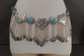 Silver Metal Chains Blue Beads Multi Coins Belt Ethnic Moroccan S M
